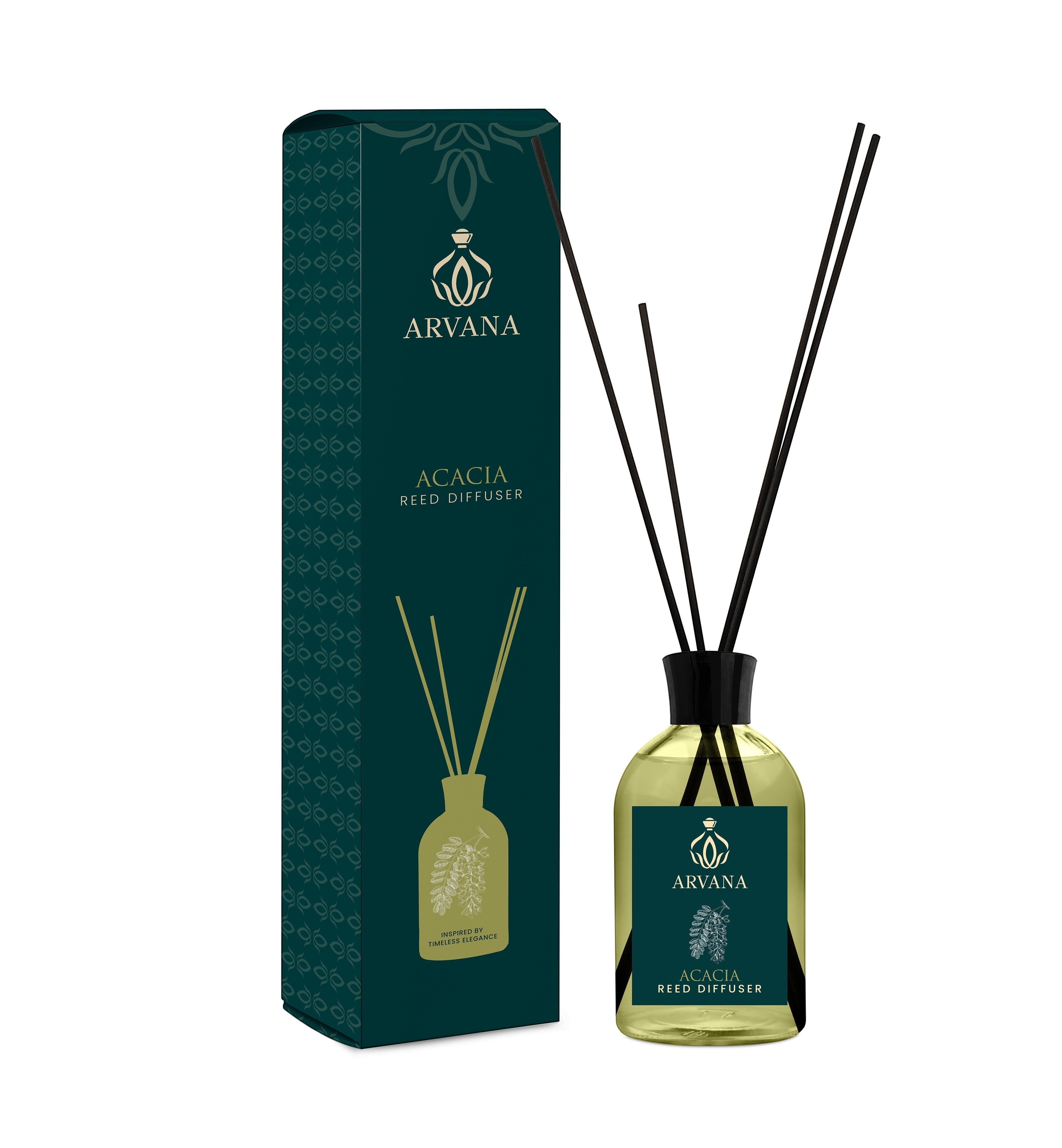 Arvana Acacia Reed Diffuser in a clear glass bottle with black reeds and a dark green box.