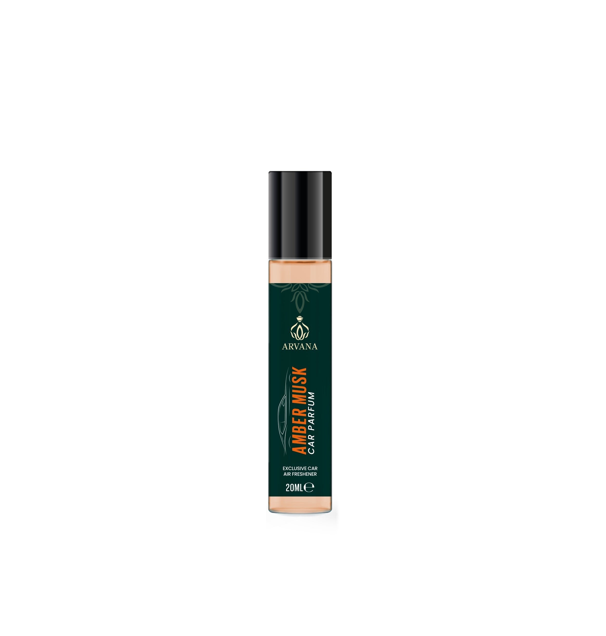 Arvana Amber Musk Car Parfum 20ml, a roll-on fragrance with a dark green label and amber liquid.