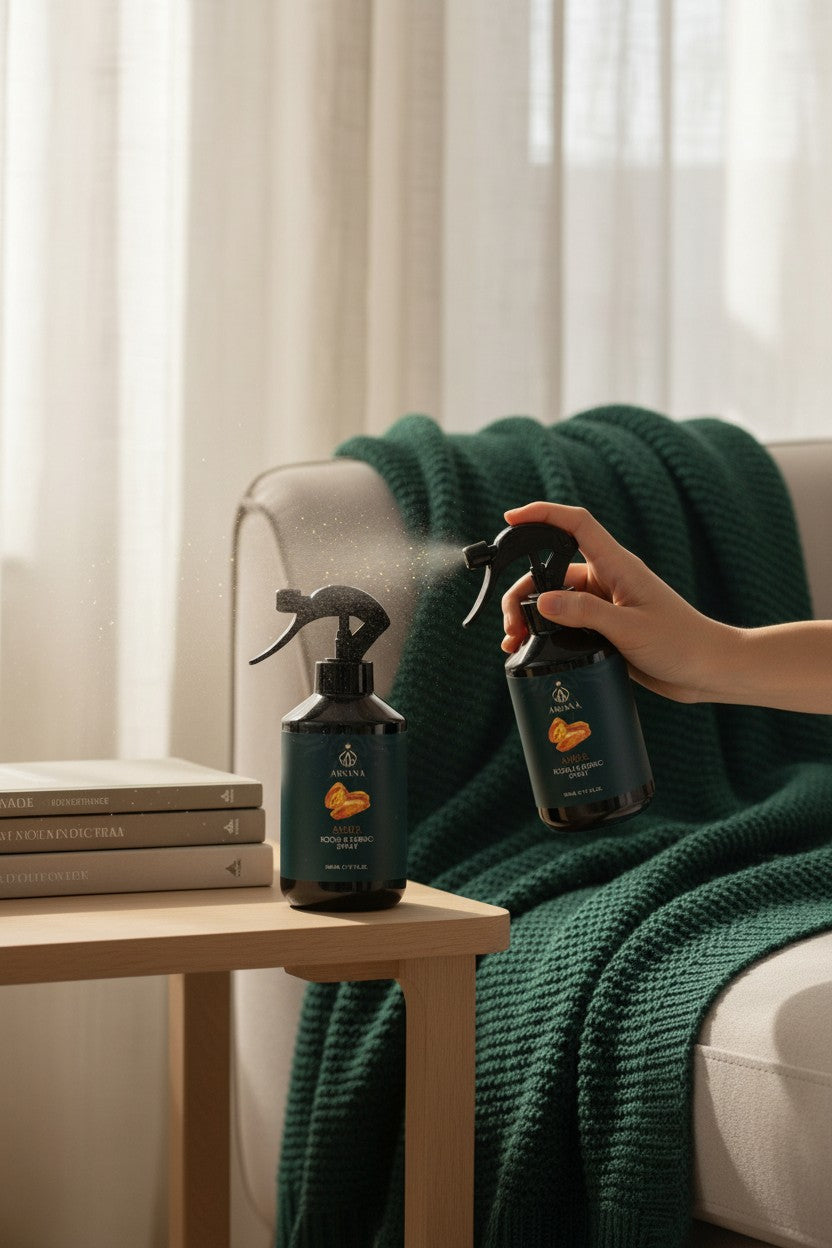 Arvana Amber Room and Fabric Spray, 500ml bottle with black spray nozzle and dark teal label featuring amber resin illustration.
