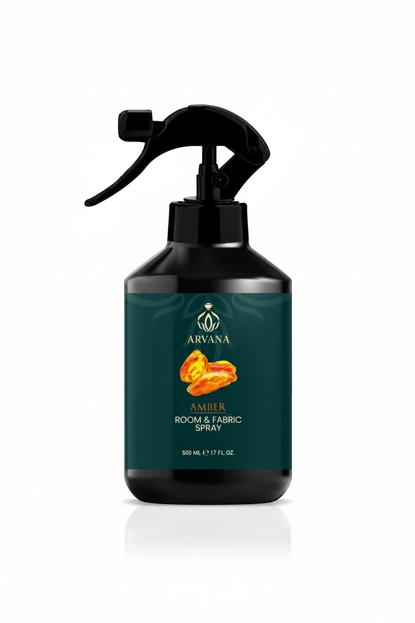 Arvana Amber Room and Fabric Spray, 500ml bottle with black spray nozzle. Warm, resinous scent.