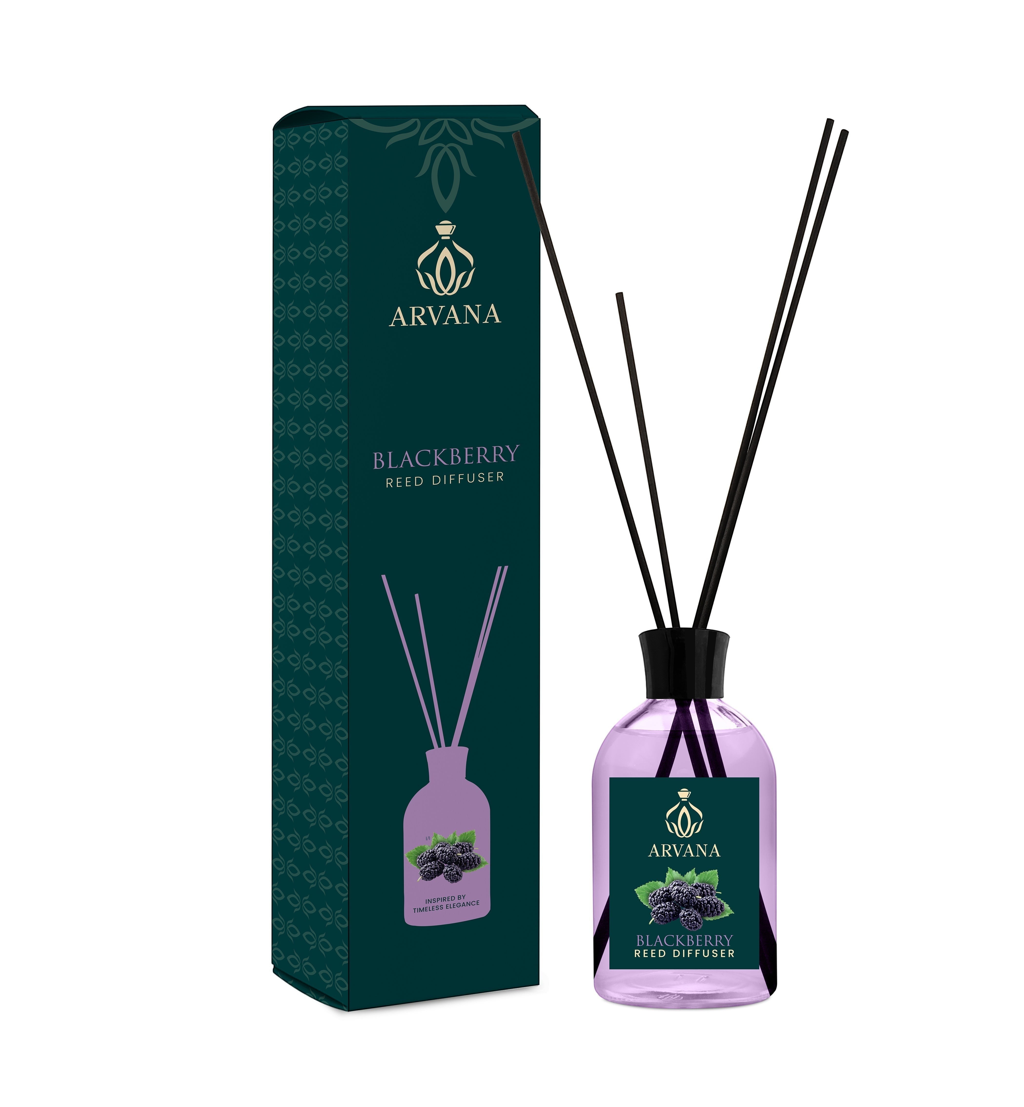 Arvana Blackberry Reed Diffuser with glass bottle and black reeds, featuring a blackberry illustration on the label.