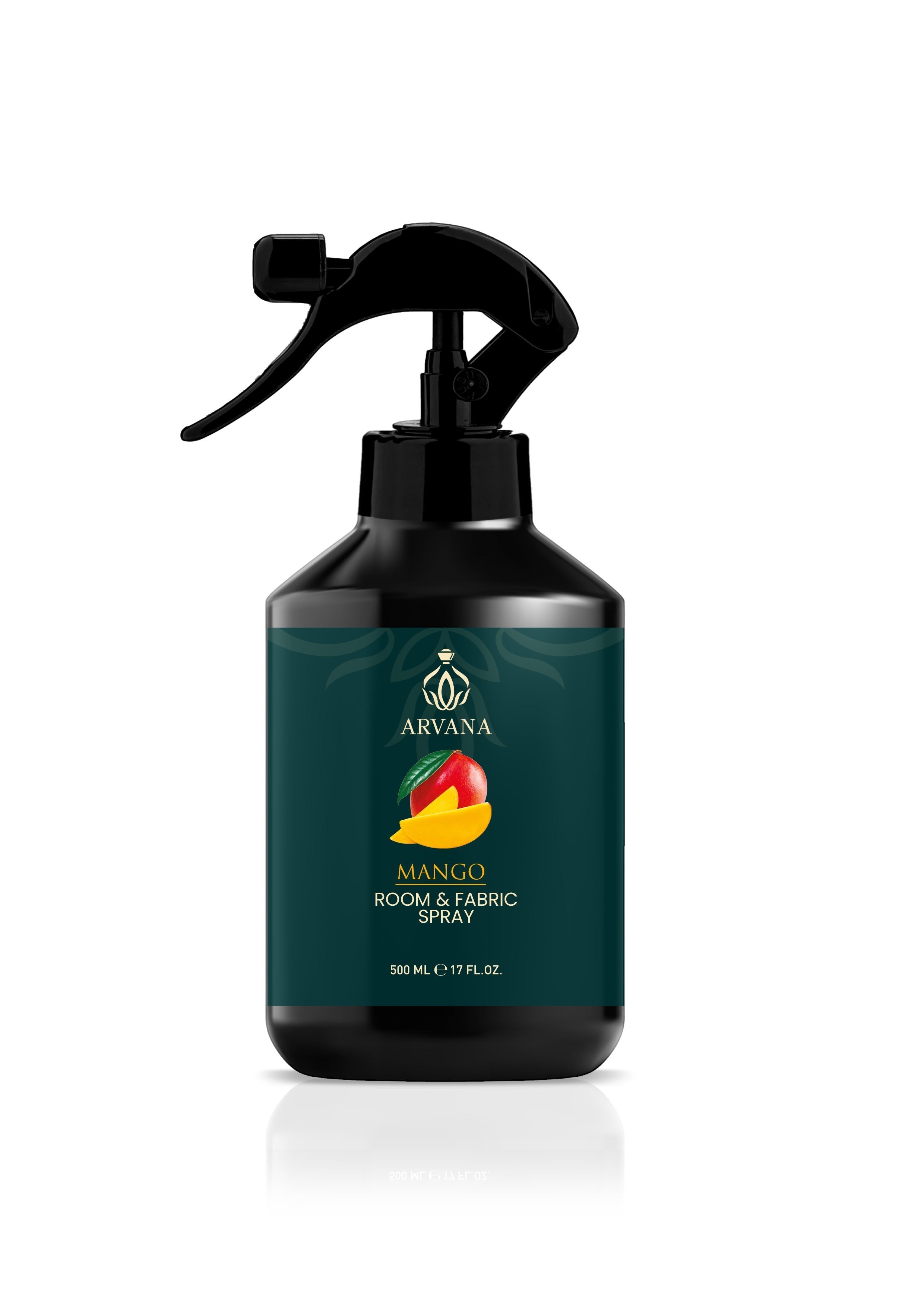 Arvana Mango Room and Fabric Spray, 500ml bottle with black trigger spray. Tropical fruit design.