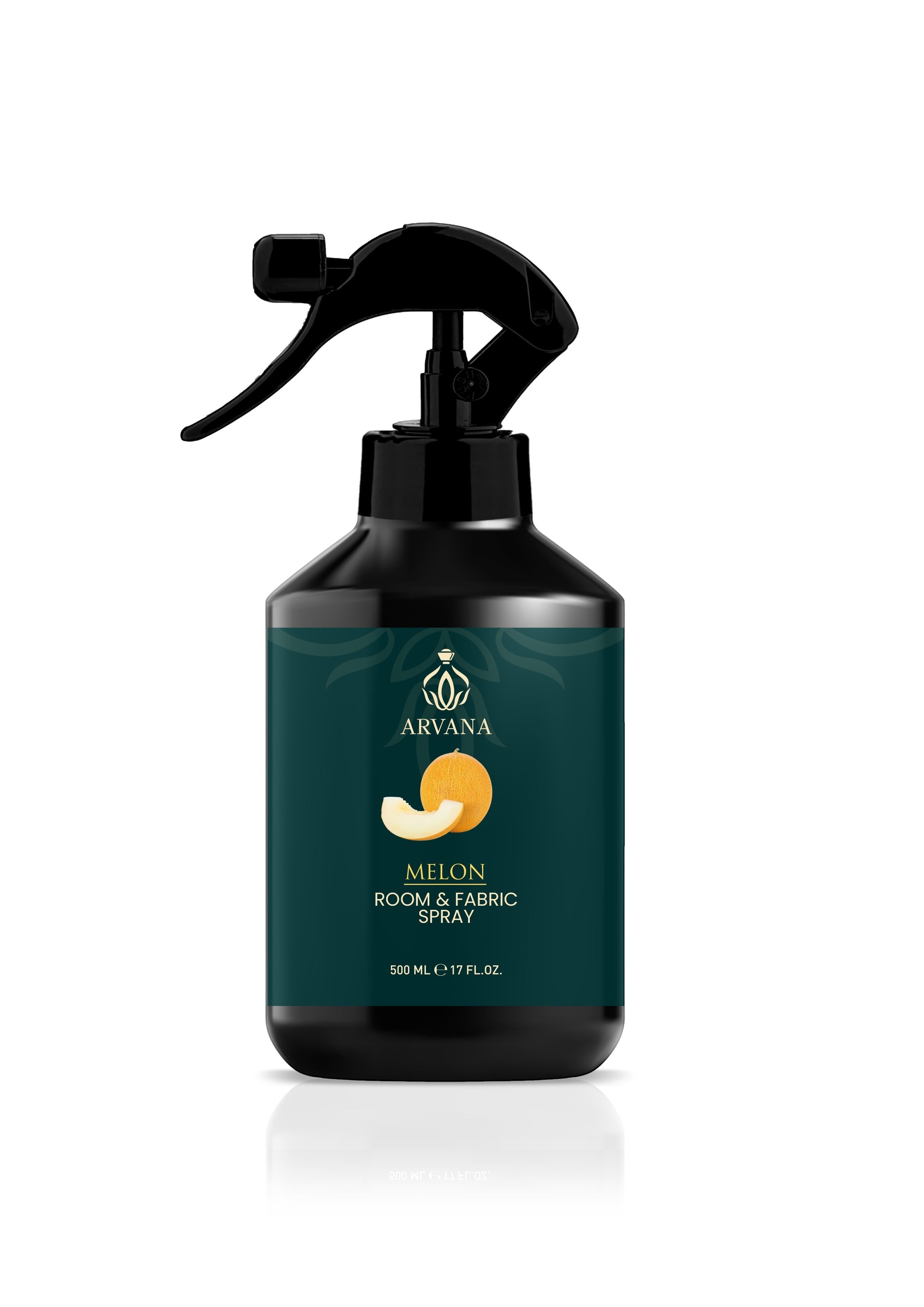 Arvana Melon Room and Fabric Spray, 500ml bottle with black spray nozzle and dark green label featuring a melon illustration.