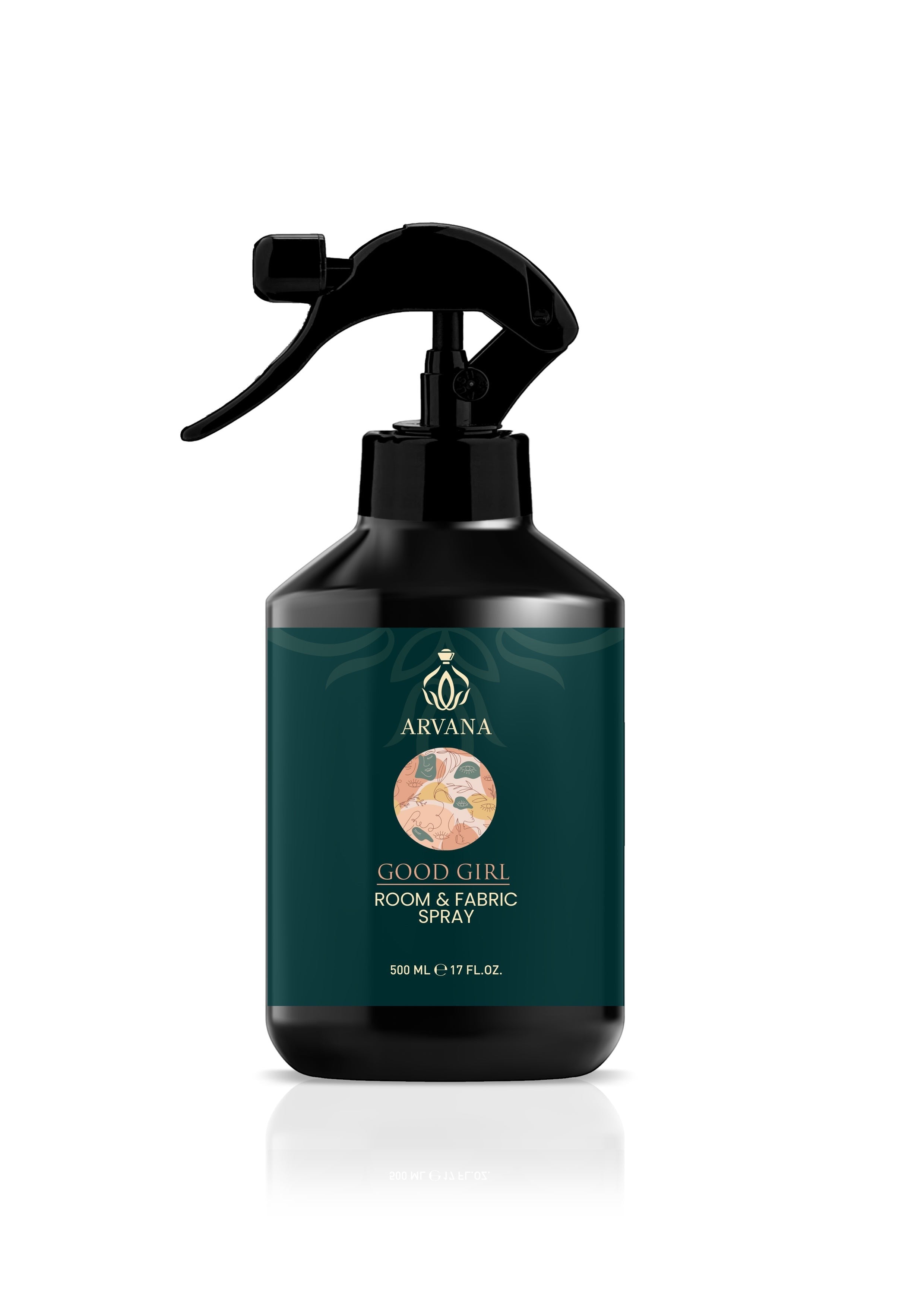 Arvana Good Girl Room and Fabric Spray bottle with black trigger sprayer and dark green label.