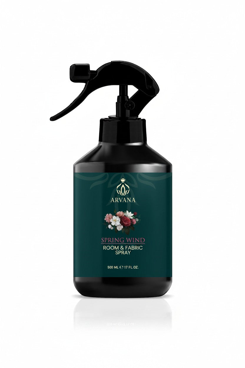Arvana Spring Wind room and fabric spray in a 500ml bottle with a black spray nozzle. Features floral illustration.