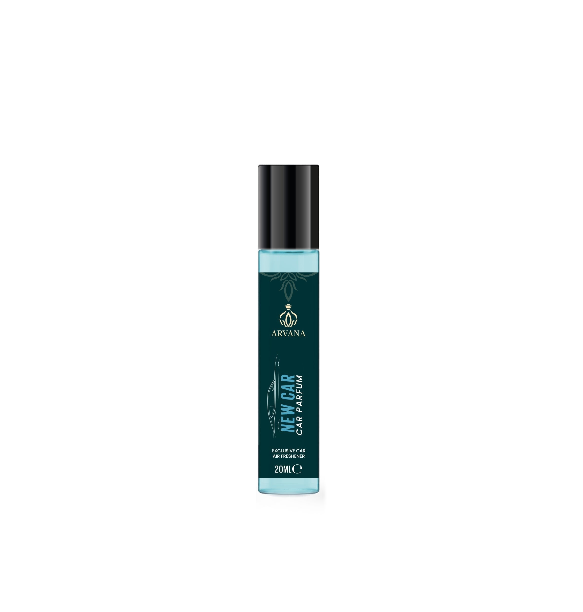 Arvana Amber Musk Car Parfum 20ml, a dark teal bottle with a black cap, featuring the Arvana logo and "New Car Car Parfum" text.