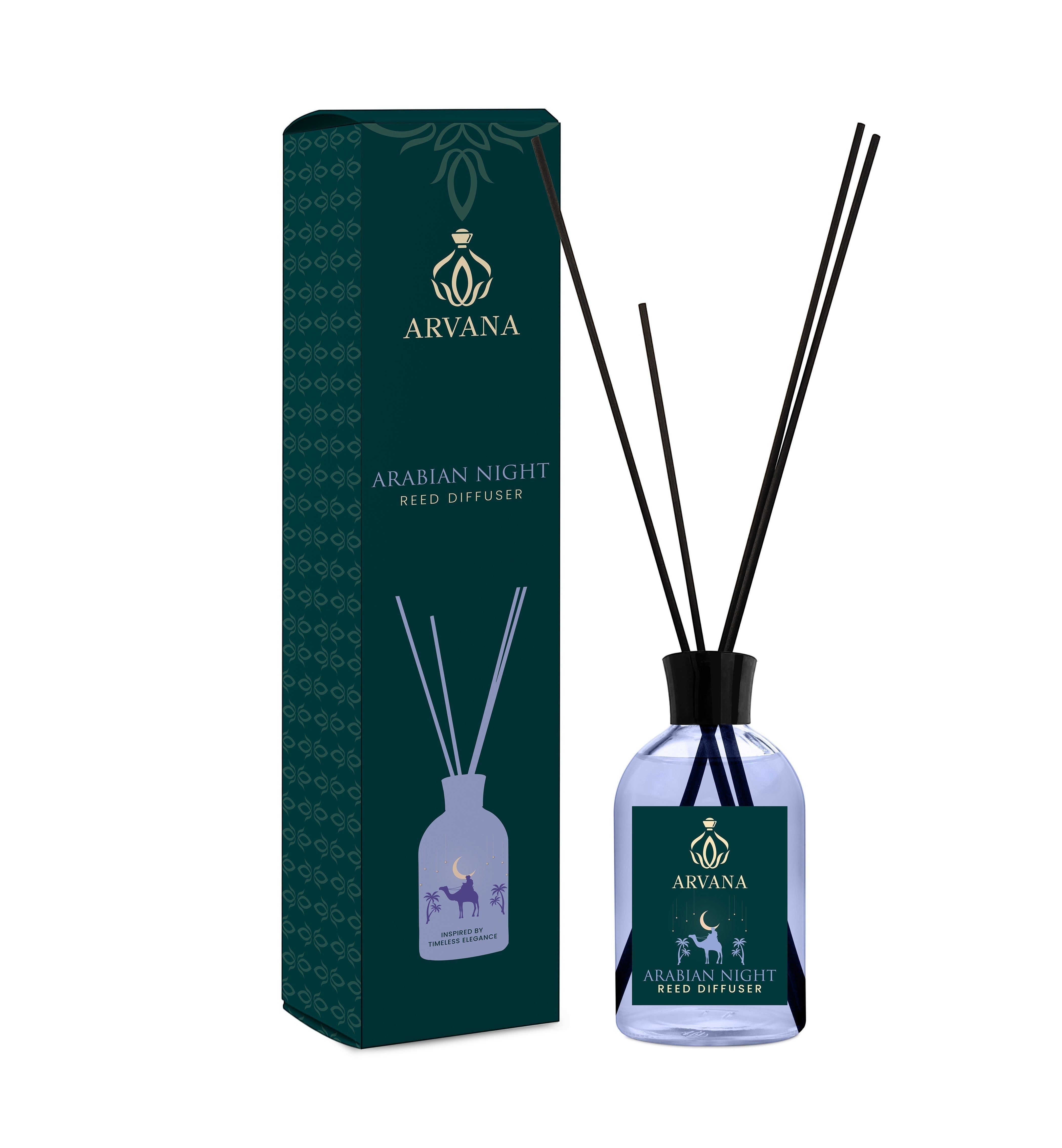 Arvana Arabian Night reed diffuser with glass bottle and black reeds, dark green packaging.