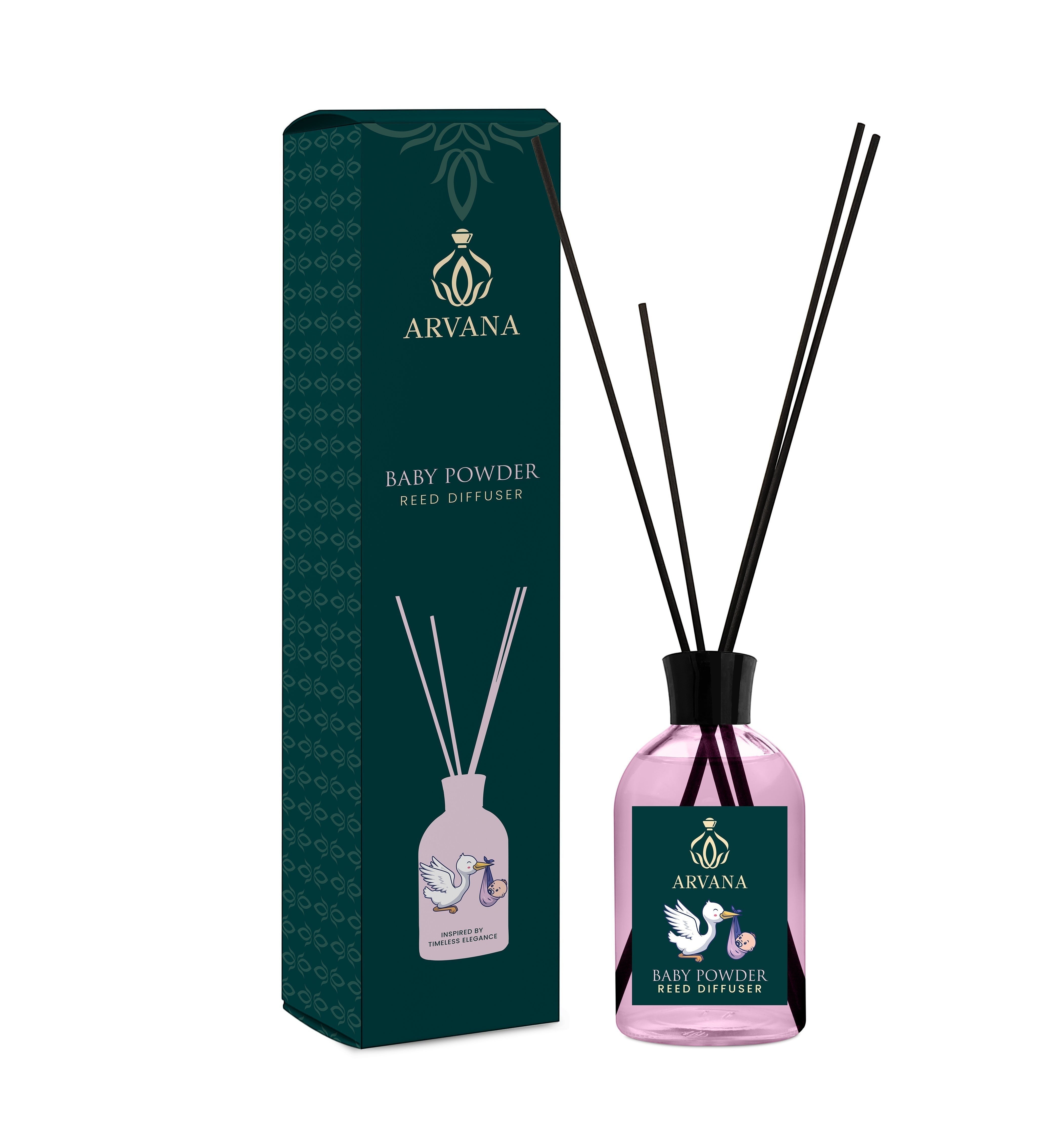Arvana Baby Powder reed diffuser in a pink glass bottle with black reeds and a dark green label featuring a stork carrying a baby.