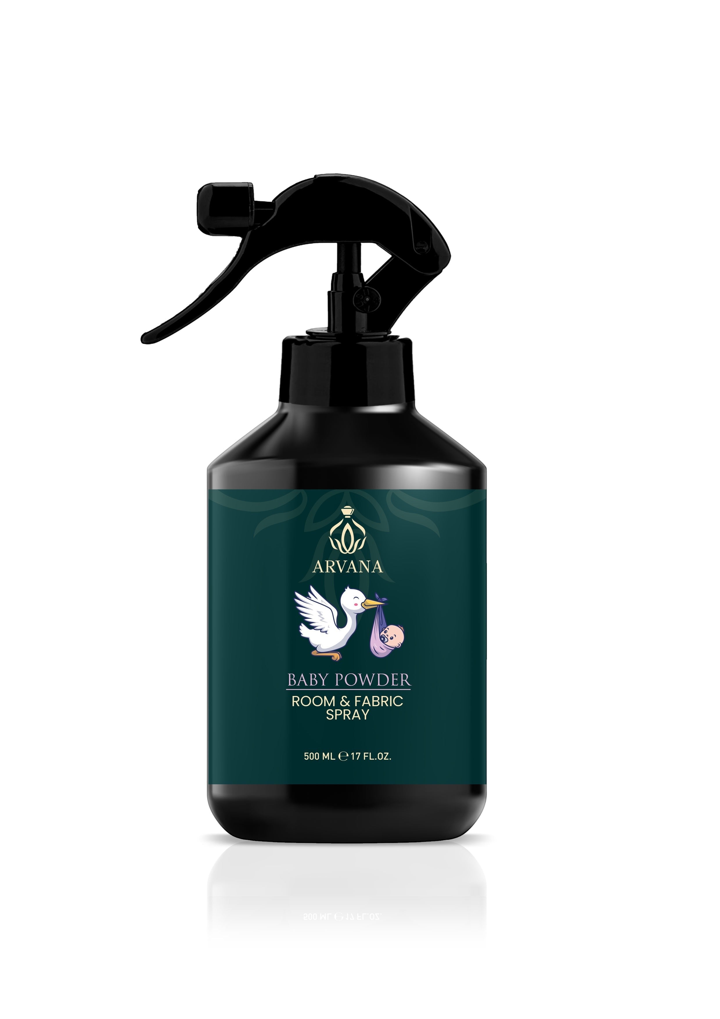 Arvana Baby Powder Room and Fabric Spray, 500ml bottle with black spray nozzle. Features a stork carrying a baby.
