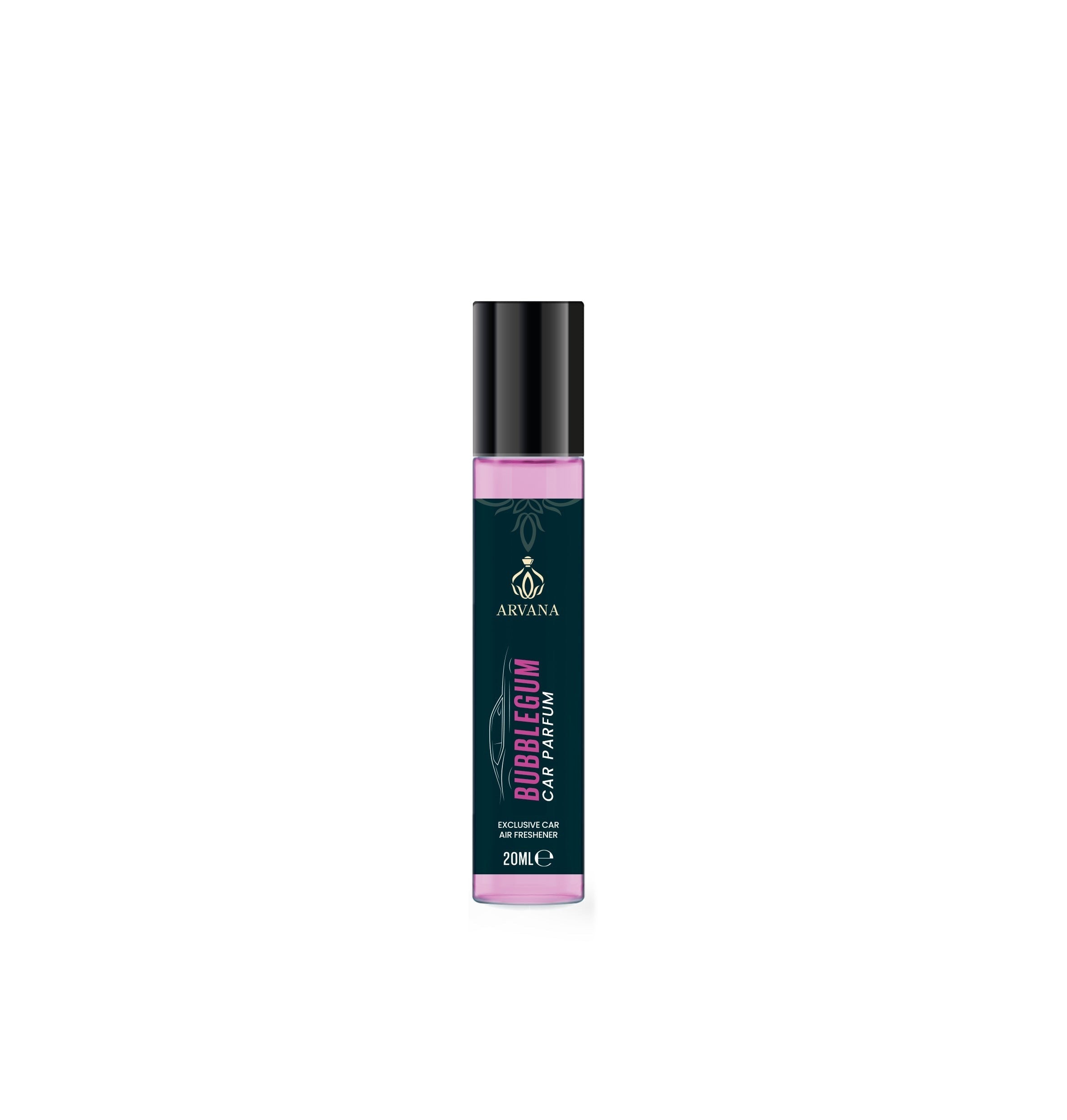Arvana Bubblegum Car Parfum 20ml, a pink liquid in a clear glass bottle with a black cap.