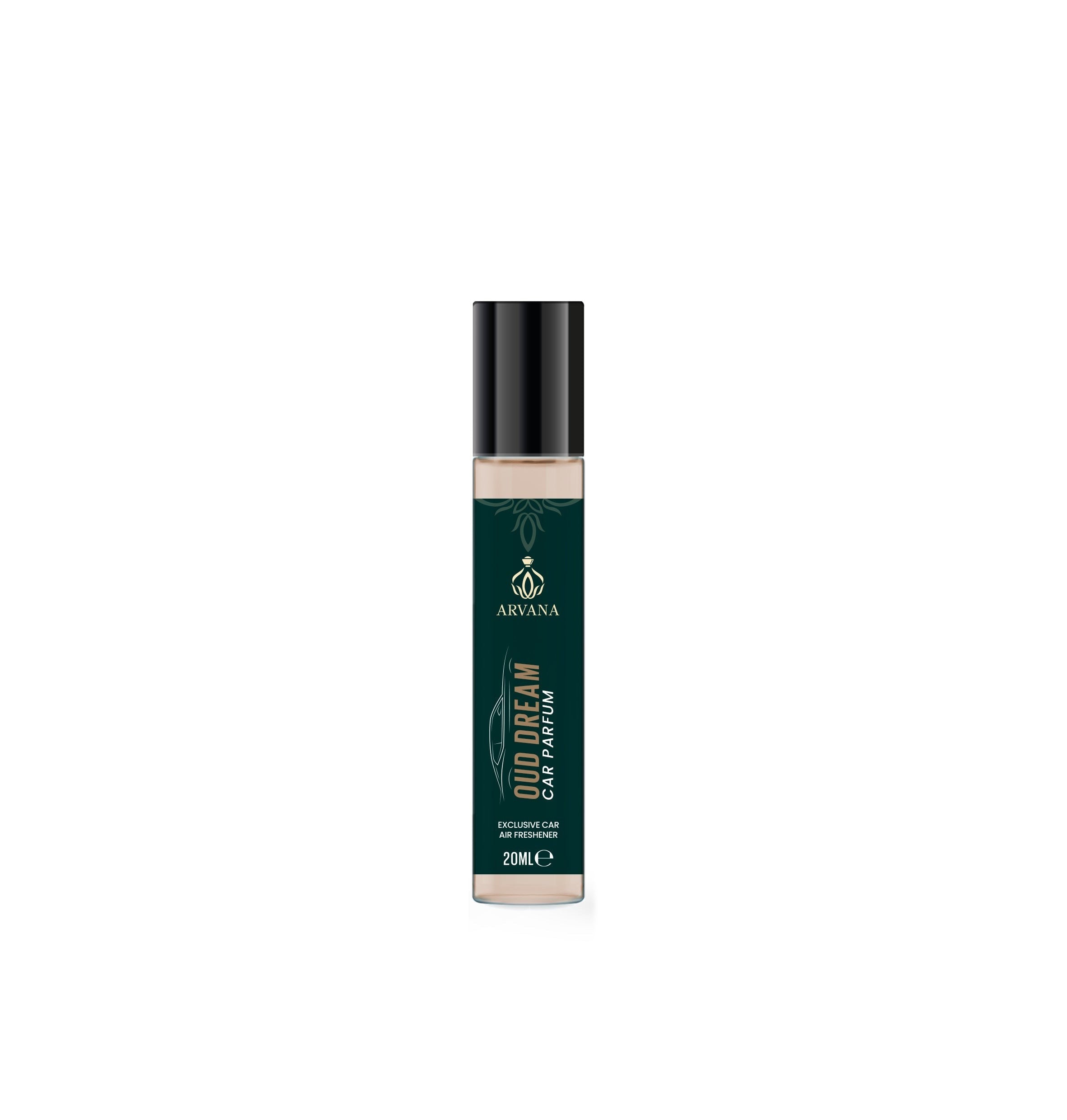 Arvana Oud Dream car parfum in a 20ml glass bottle with a black cap. Features a dark green label with gold text.