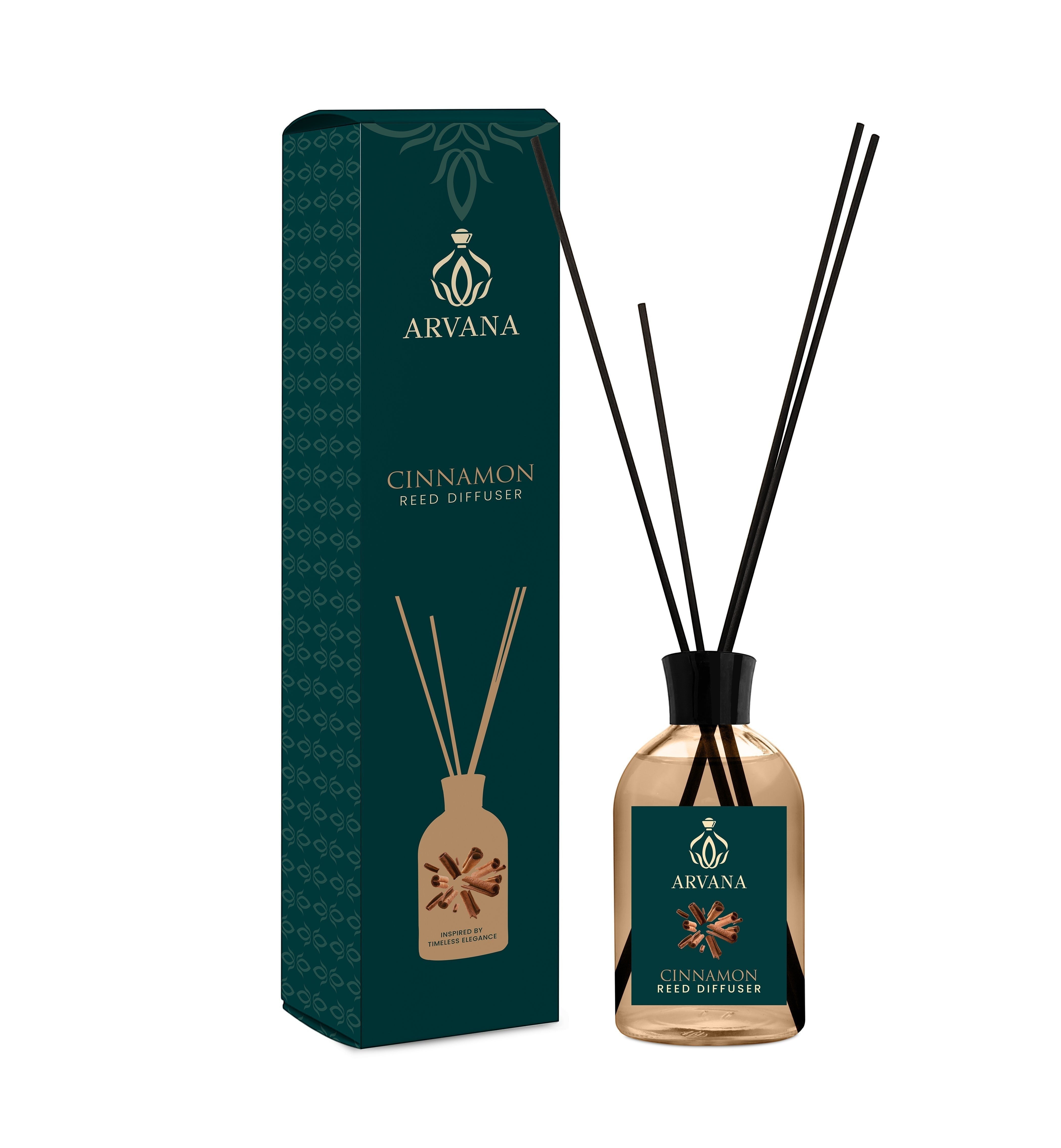 Arvana Cinnamon Reed Diffuser in a clear glass bottle with black reeds and a dark green box.
