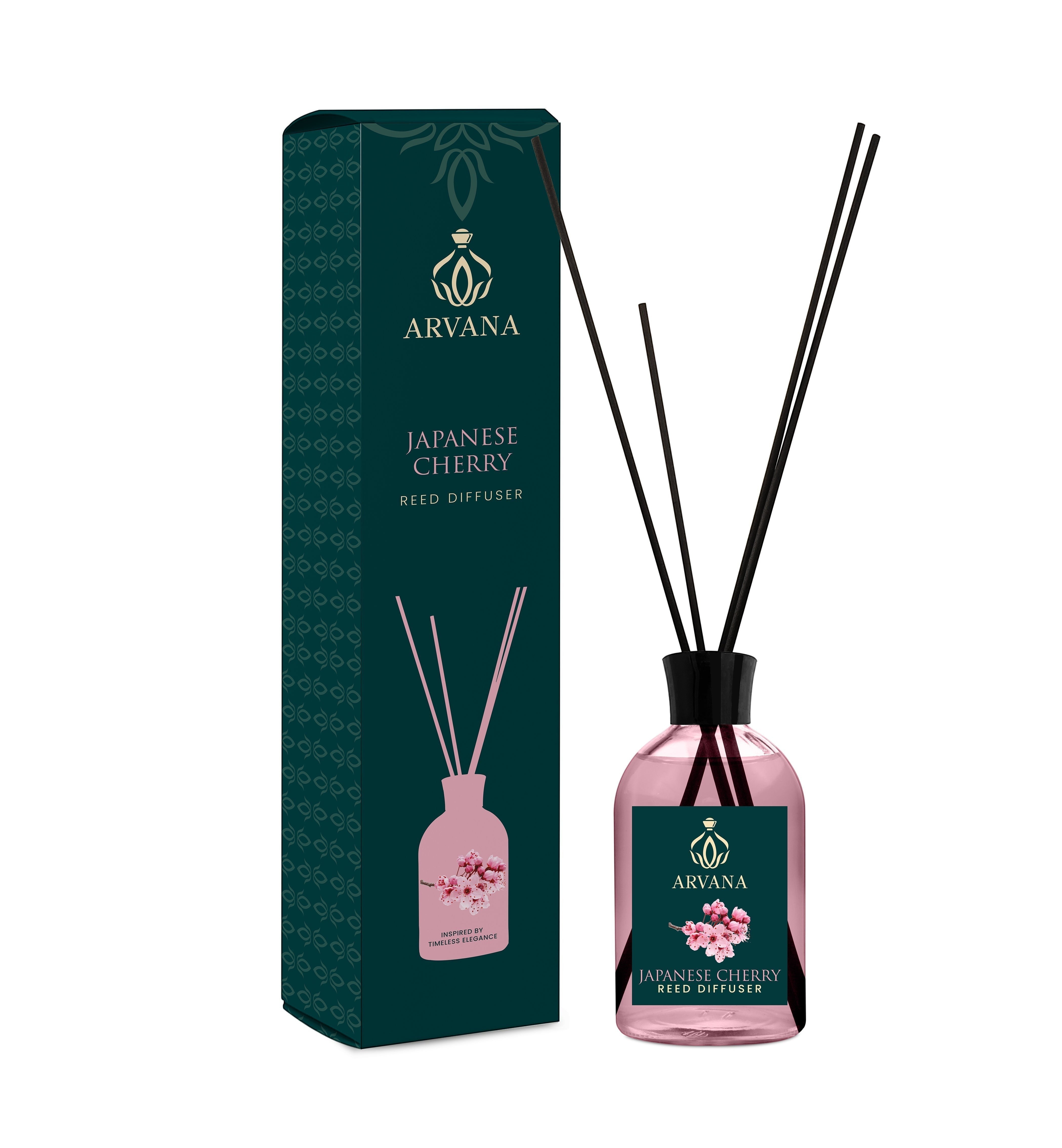 Arvana Japanese Cherry reed diffuser in a pink glass bottle with black reeds and a dark green box.