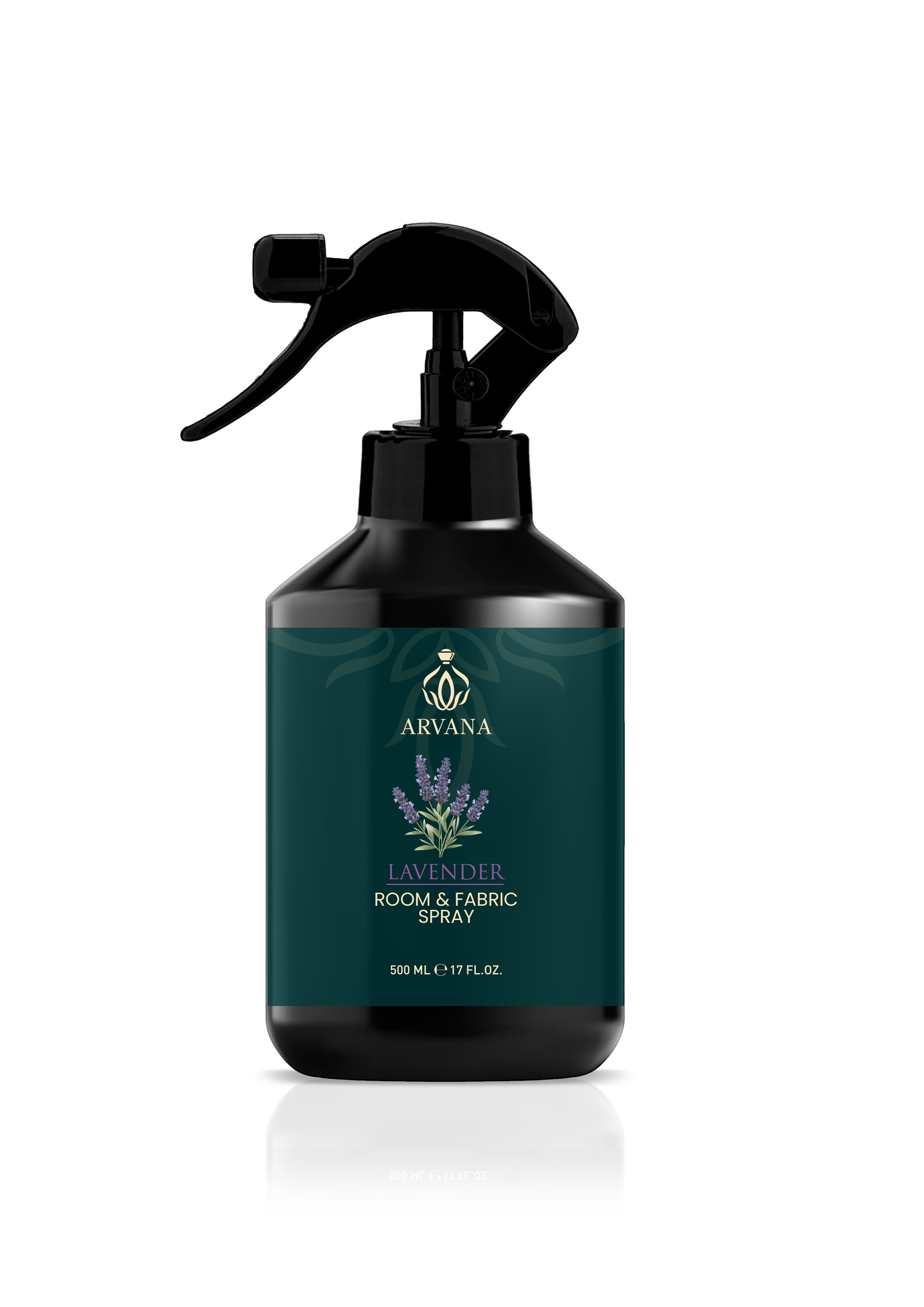 Arvana Lavender Room and Fabric Spray in a dark green bottle with a black spray nozzle. 500ml.