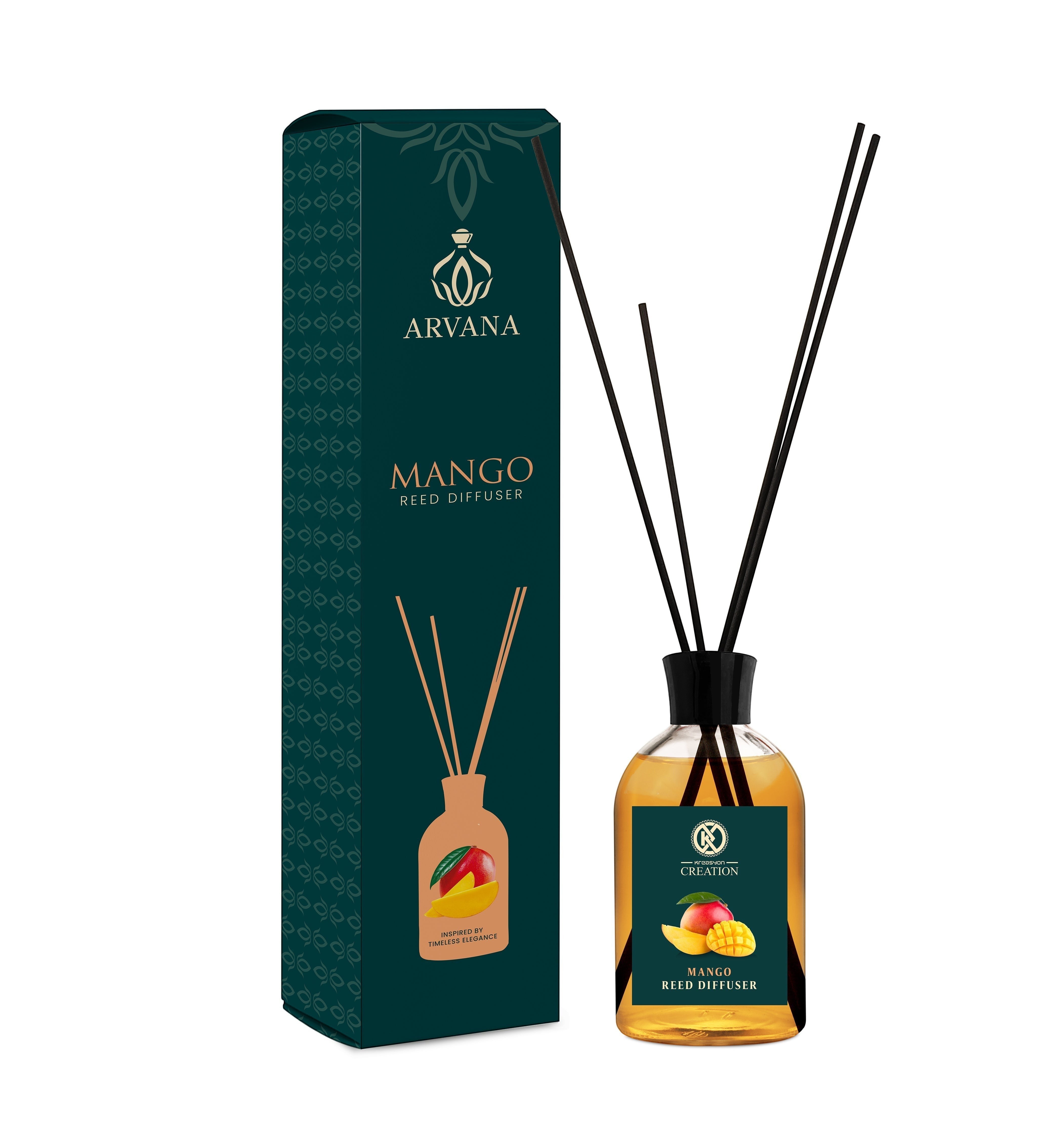 Arvana Mango Reed Diffuser in a clear glass bottle with black reeds and a mango graphic label. Includes decorative box.