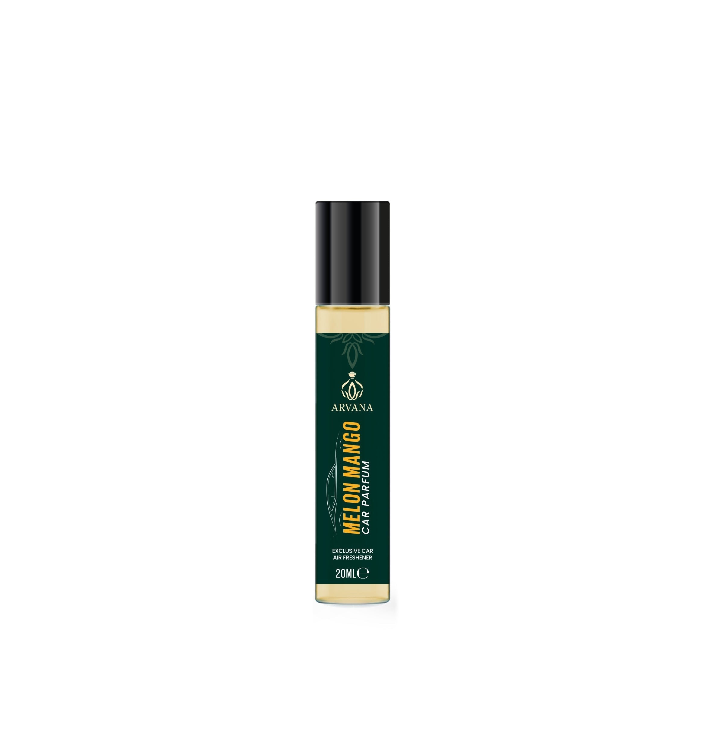Arvana Melon Mango Car Parfum 20ml, a rollerball fragrance with a black cap and a green label featuring the Arvana logo and text.