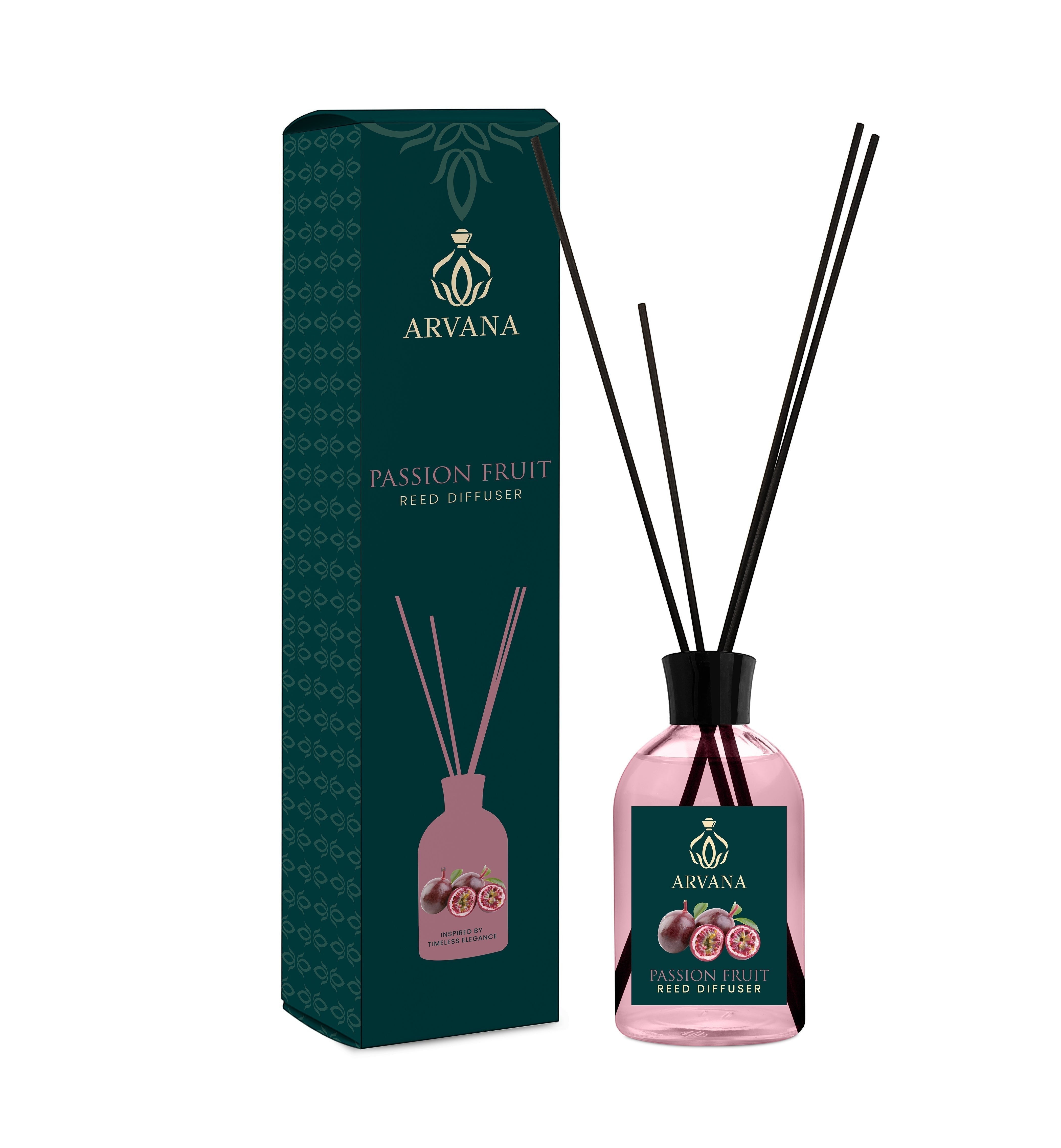 Arvana Passion Fruit Reed Diffuser in a pink glass bottle with black reeds and a dark green box featuring passion fruit illustrations.