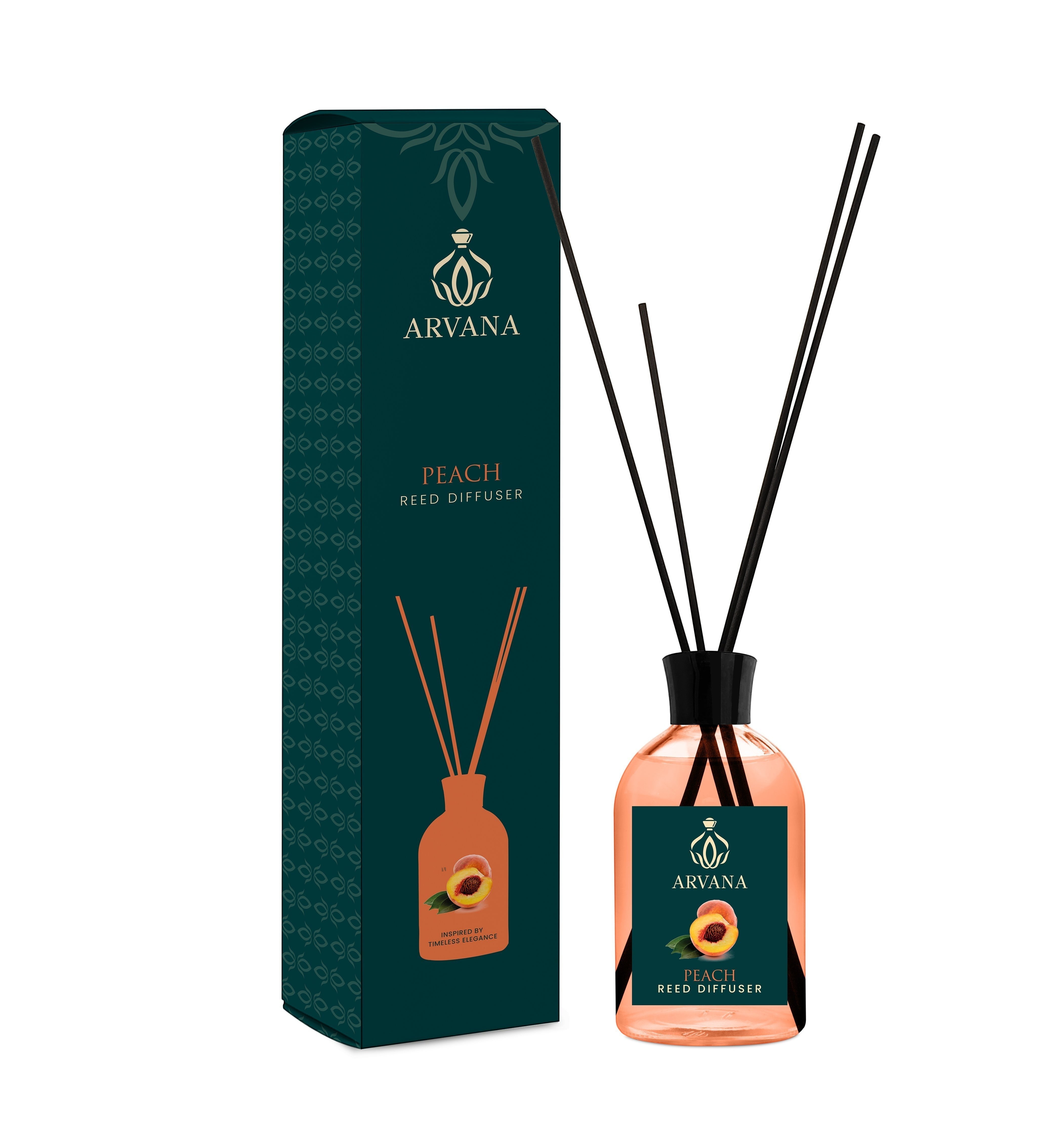 Arvana Peach Reed Diffuser in a clear glass bottle with black reeds and a peach-themed label. Includes packaging.