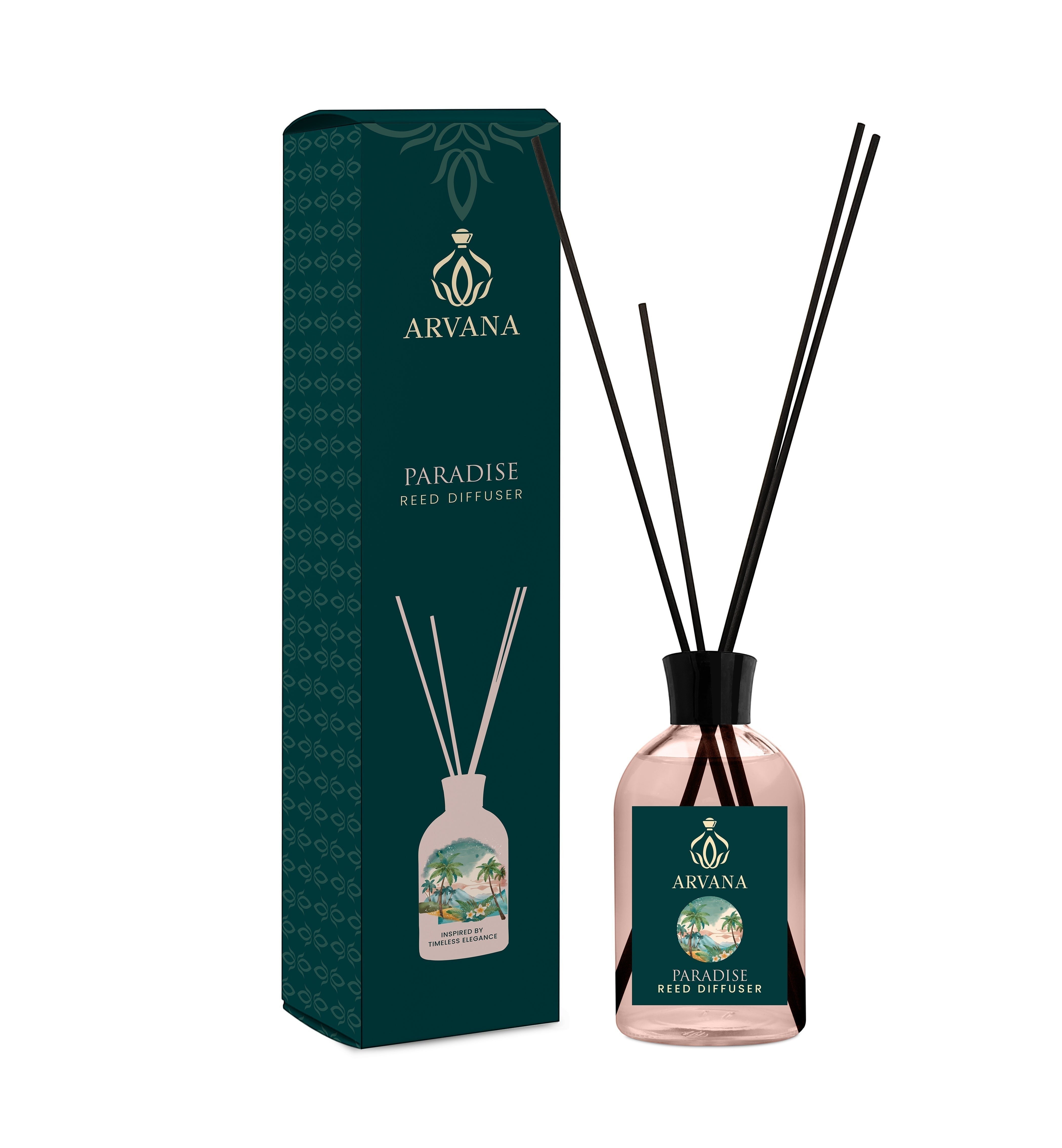 Arvana Paradise Reed Diffuser in a clear glass bottle with a pink hue, featuring black reeds and a dark teal label with tropical imagery.