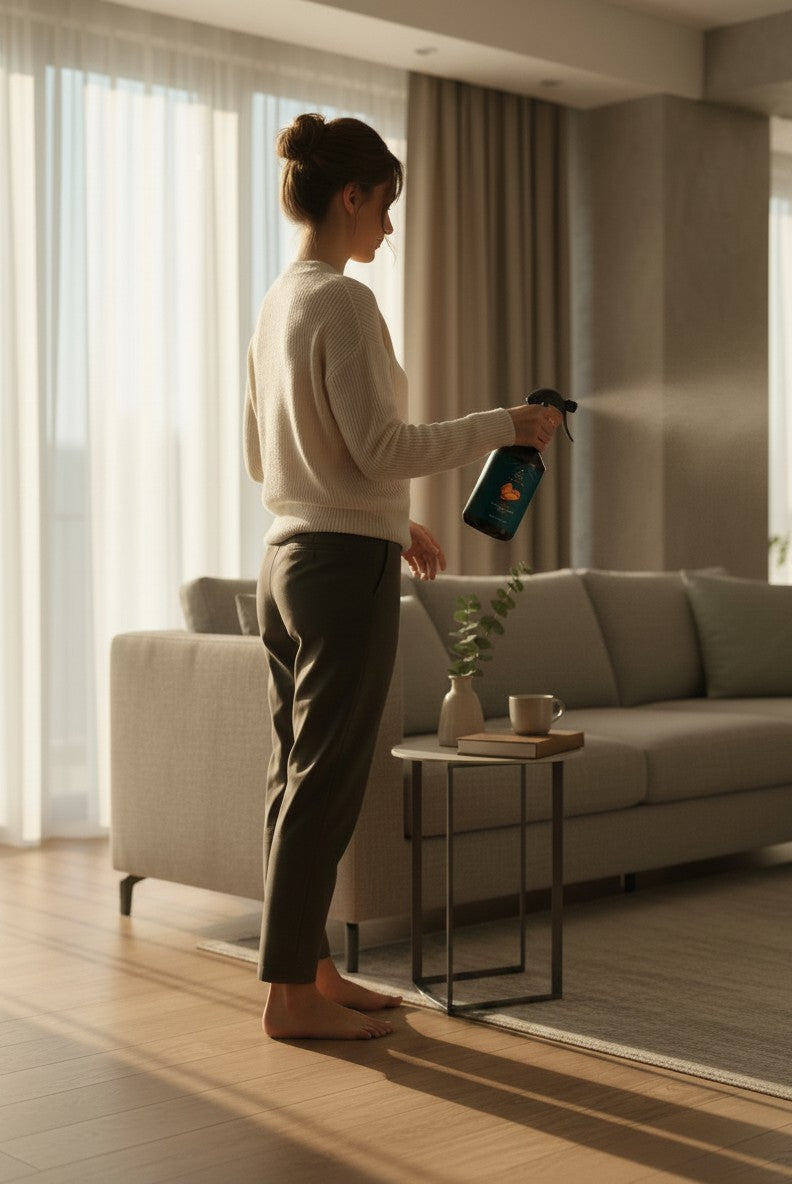 Arvana Room and Fabric Spray Collection bottle being sprayed by a woman in a living room. Amber scent.