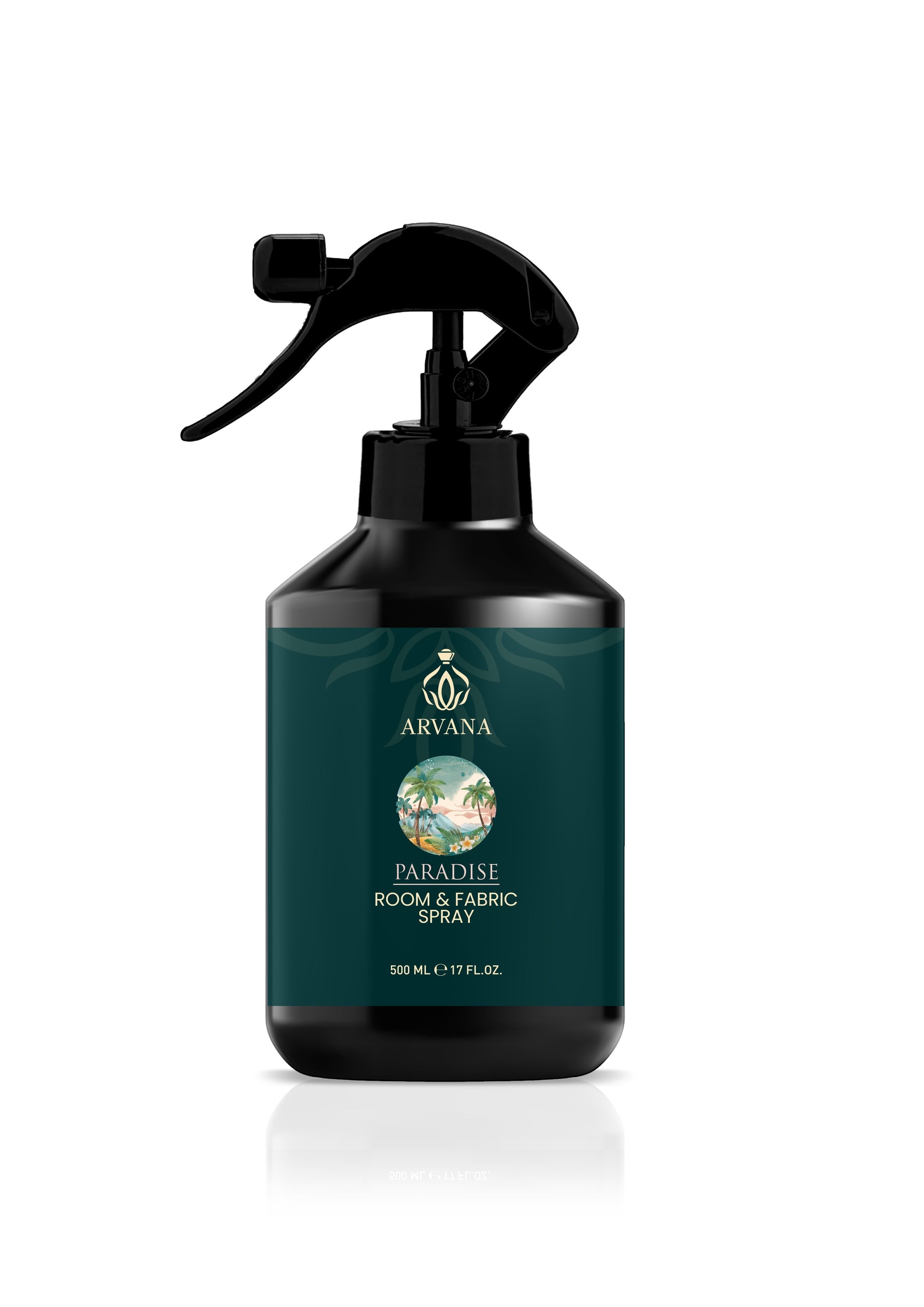Arvana Paradise Room and Fabric Spray, 500ml bottle with black trigger spray. Tropical island scene on label.