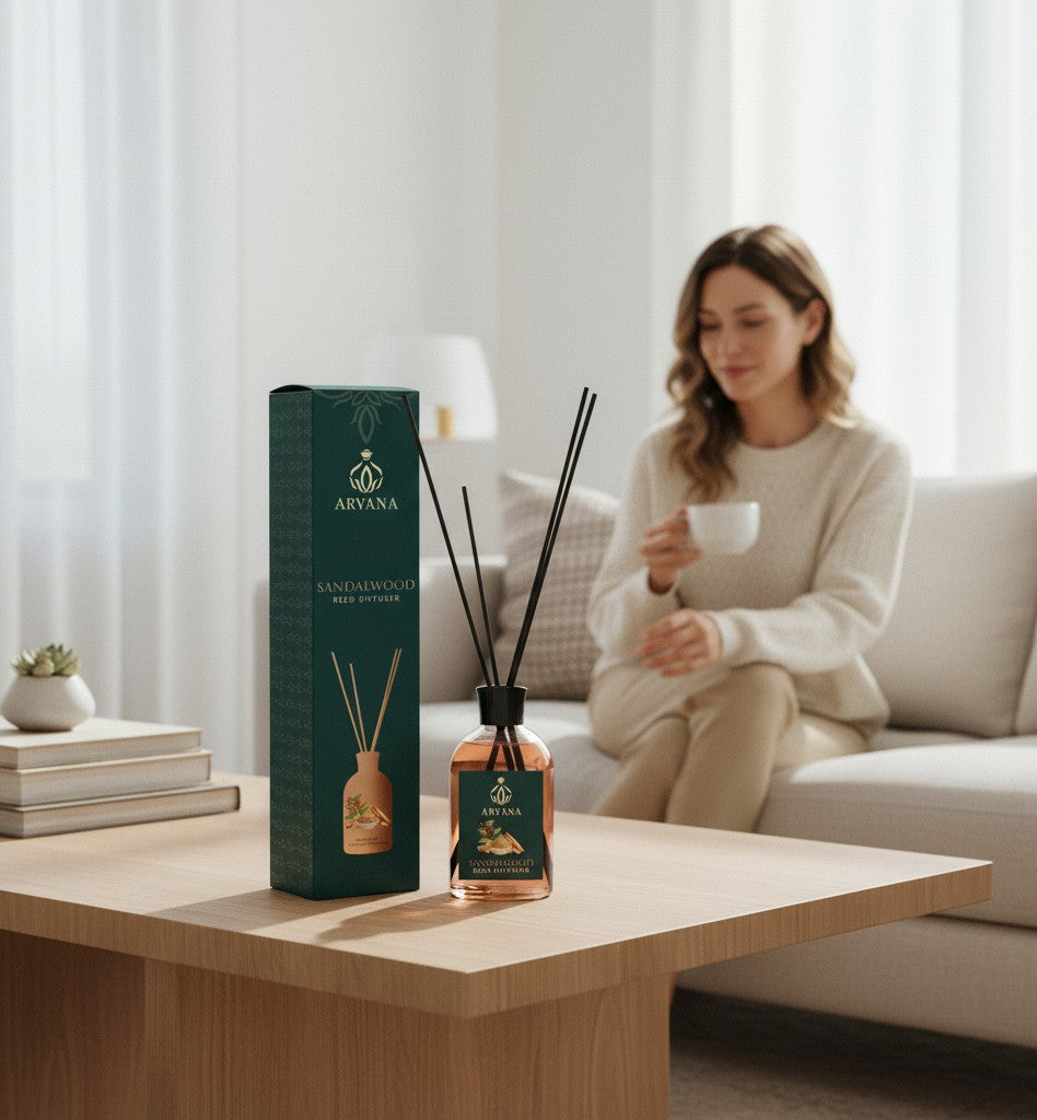 Arvana Sandalwood Reed Diffuser in a clear glass bottle with black reeds and a dark teal box.