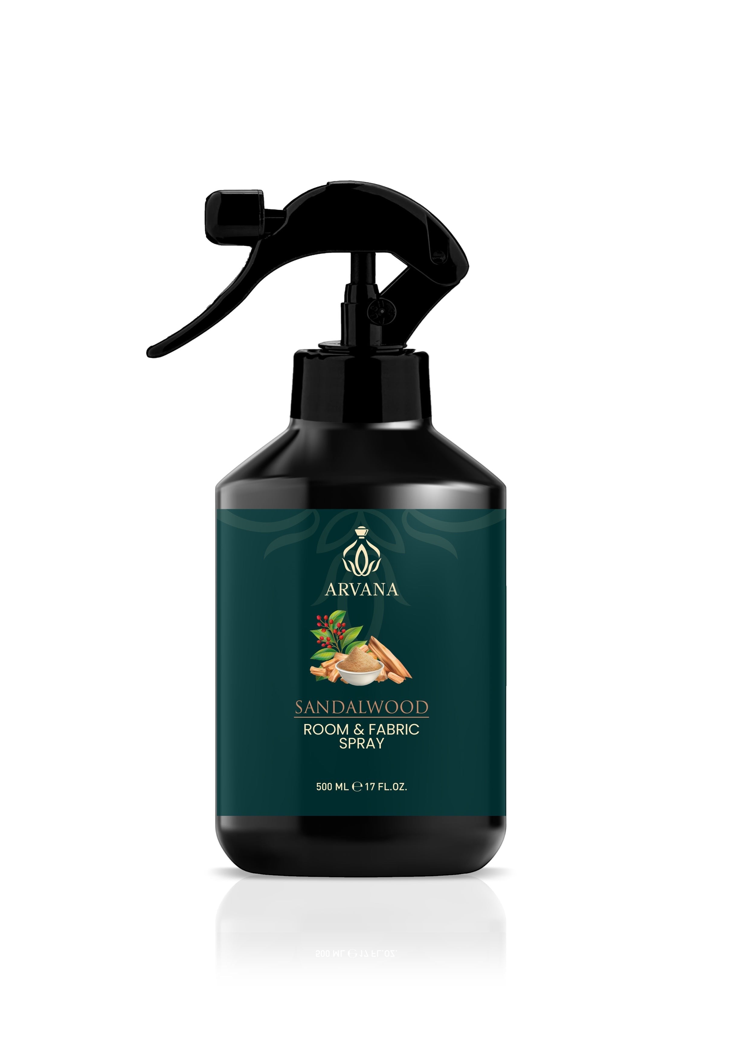 Arvana Sandalwood Room and Fabric Spray, 500ml bottle with black trigger spray. Refreshing home fragrance.