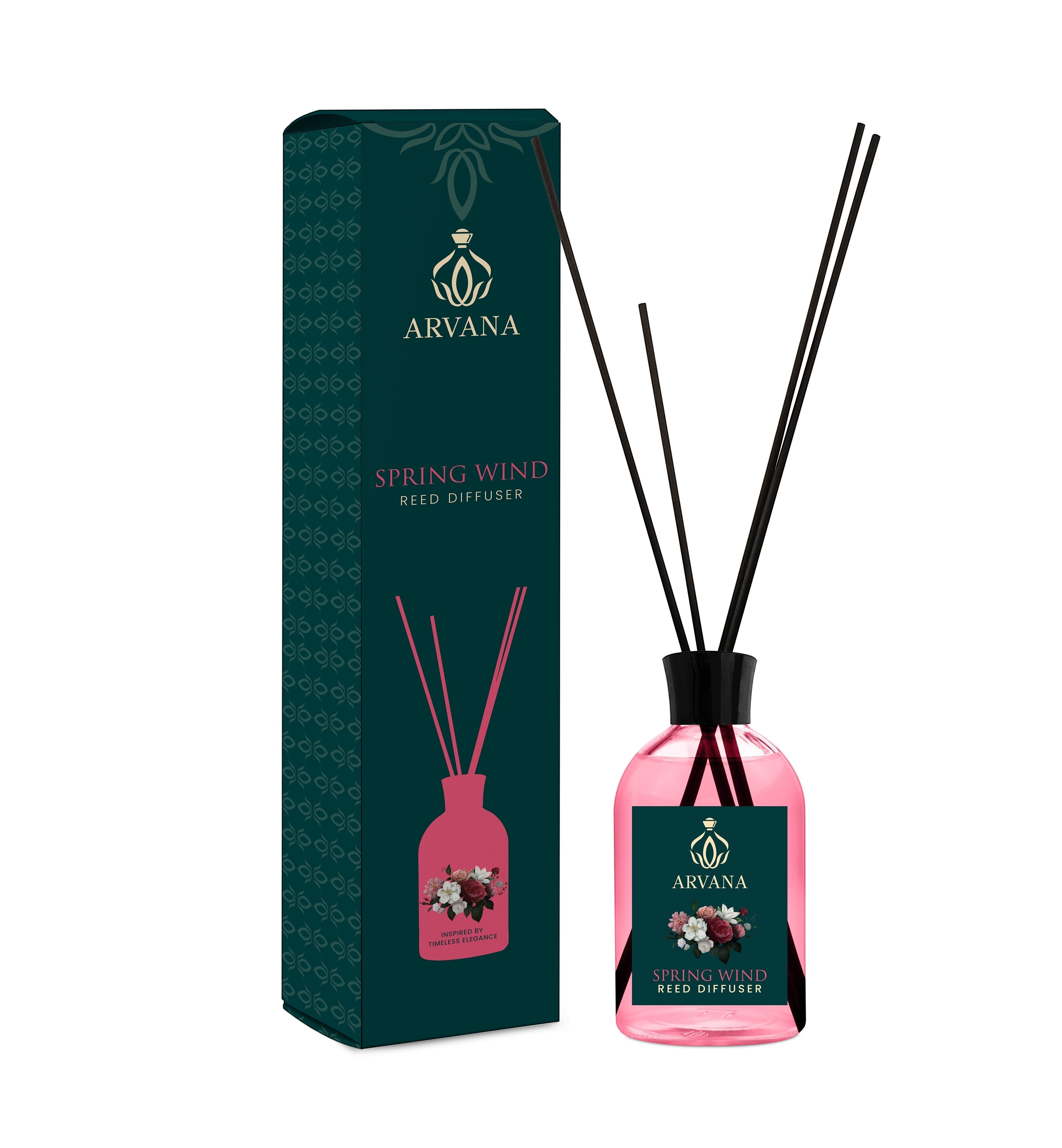 Arvana Spring Wind reed diffuser in a pink glass bottle with black reeds and a floral label. Includes box.