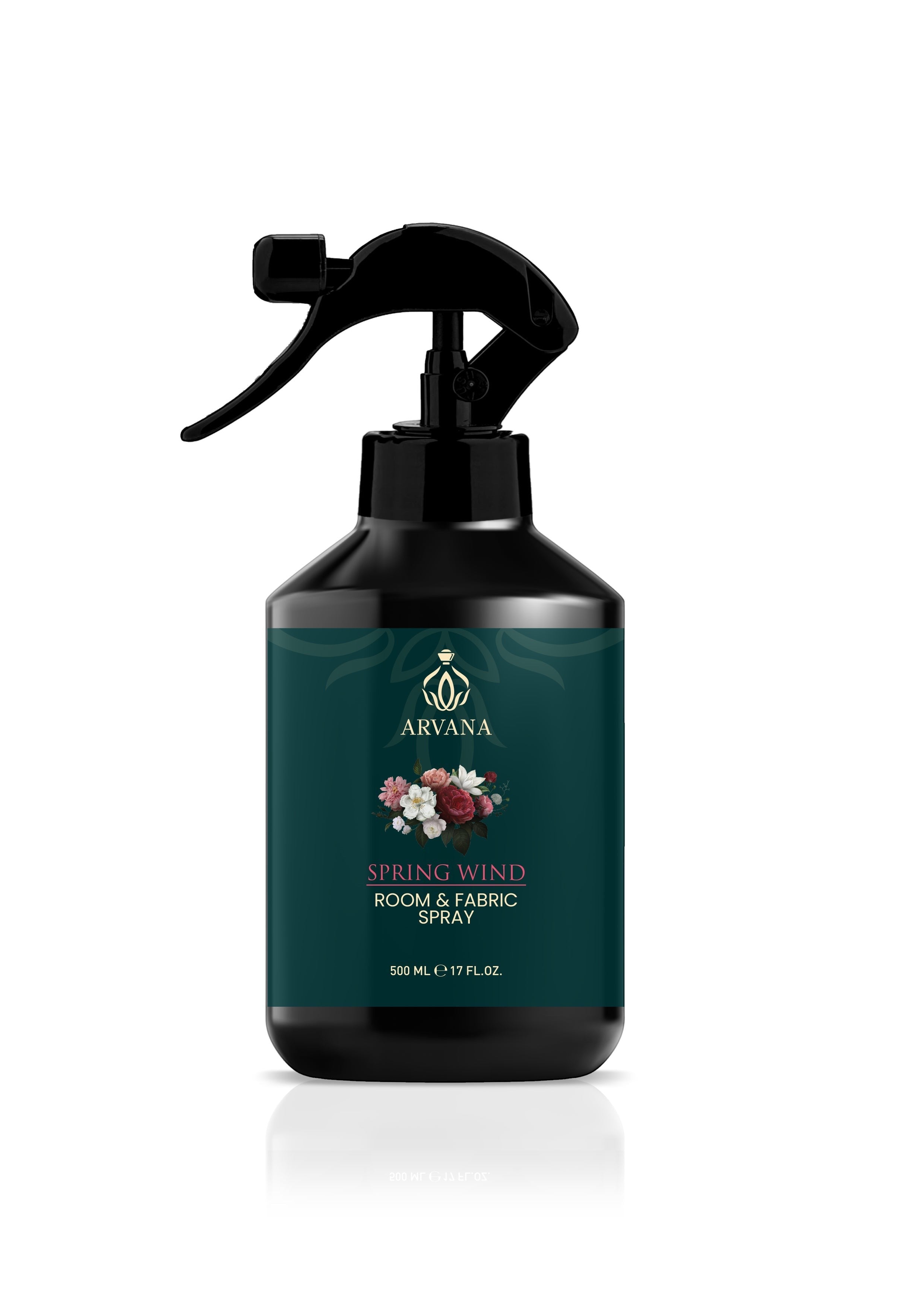 Arvana Spring Wind room and fabric spray in a dark green bottle with floral accents and a black spray nozzle.