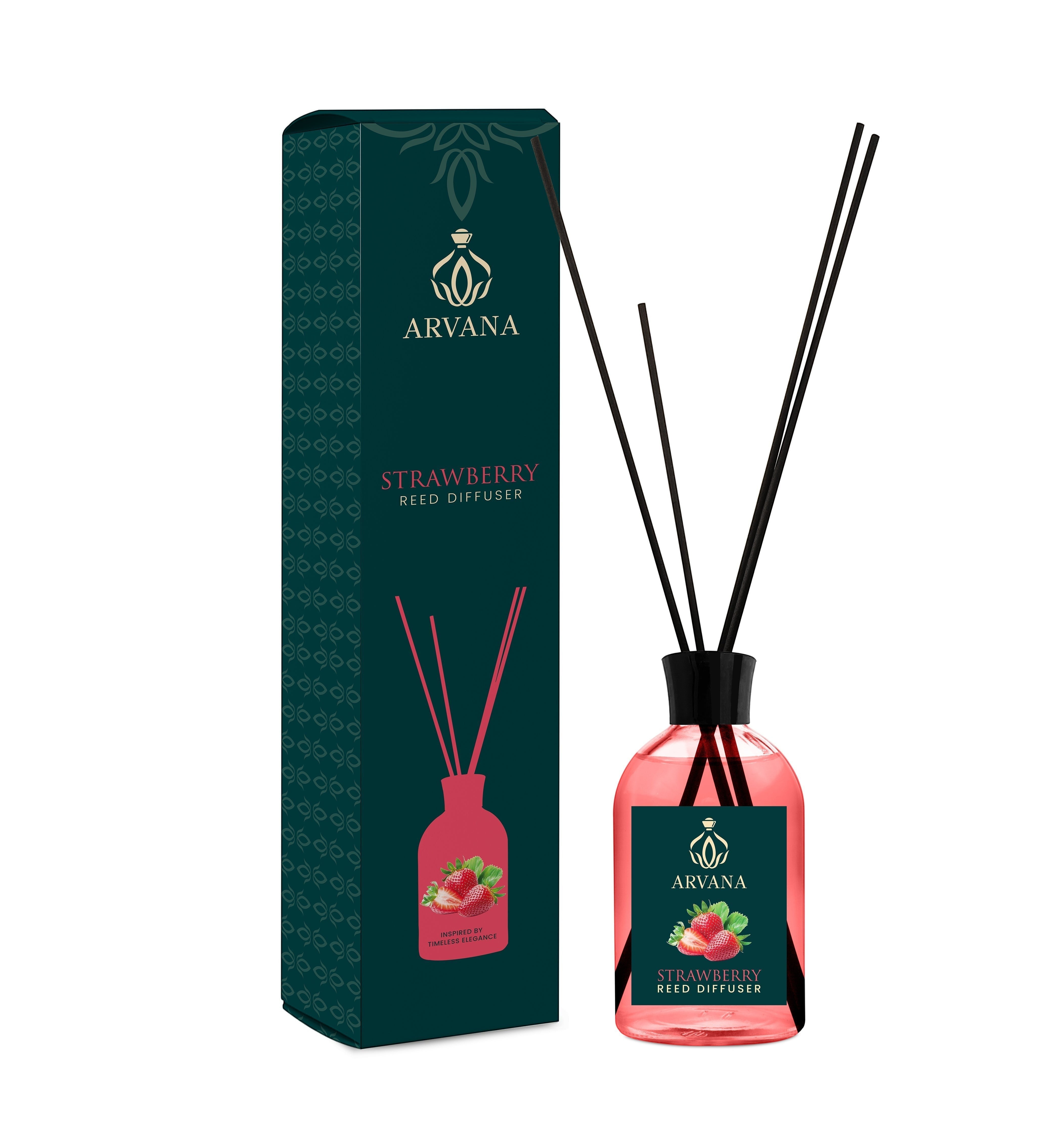 Arvana Strawberry Reed Diffuser in a clear glass bottle with black reeds and a dark green box featuring strawberry illustrations.